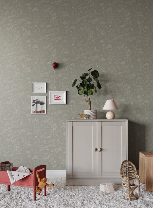 Discover the Hollie wallpaper, where a misty blue backdrop unfolds a fantasy forest teeming with whimsical animals and delicate botanical details.