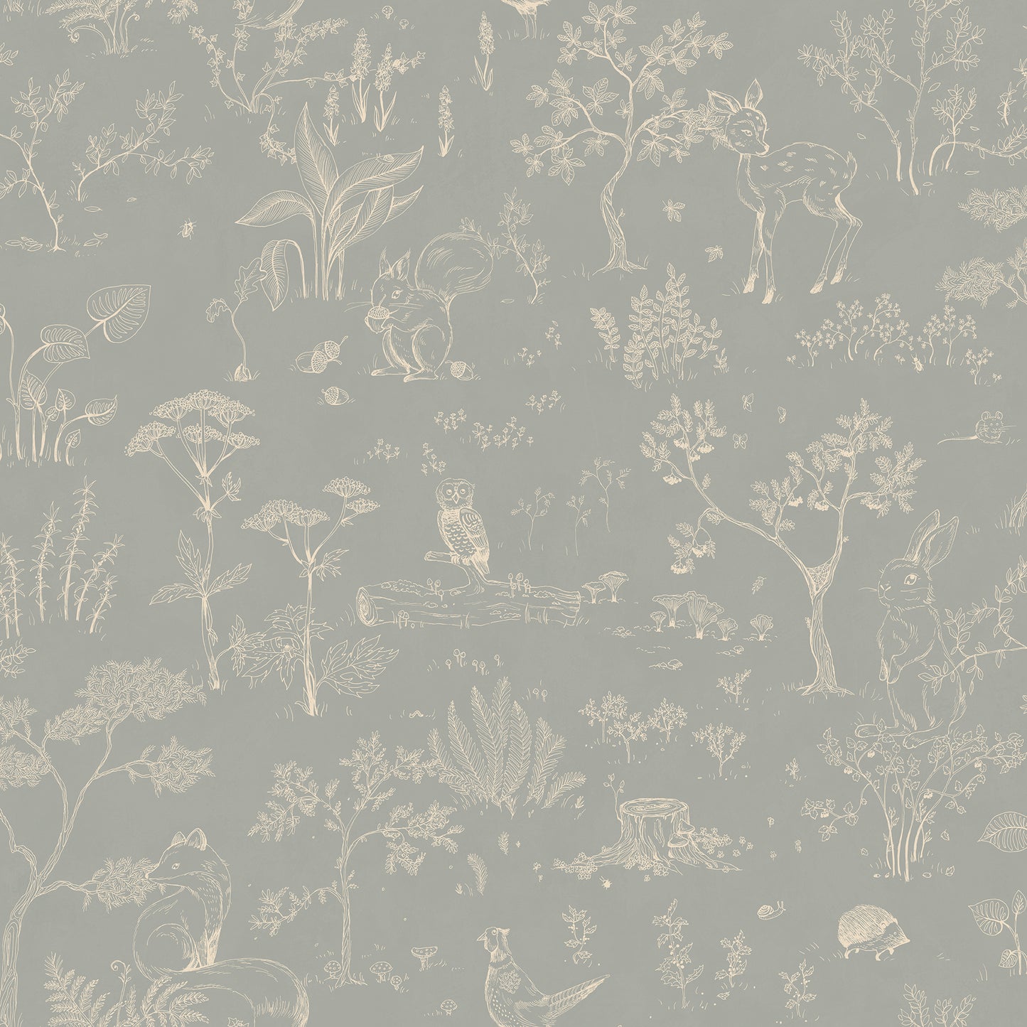 Discover the Hollie wallpaper, where a misty blue backdrop unfolds a fantasy forest teeming with whimsical animals and delicate botanical details.