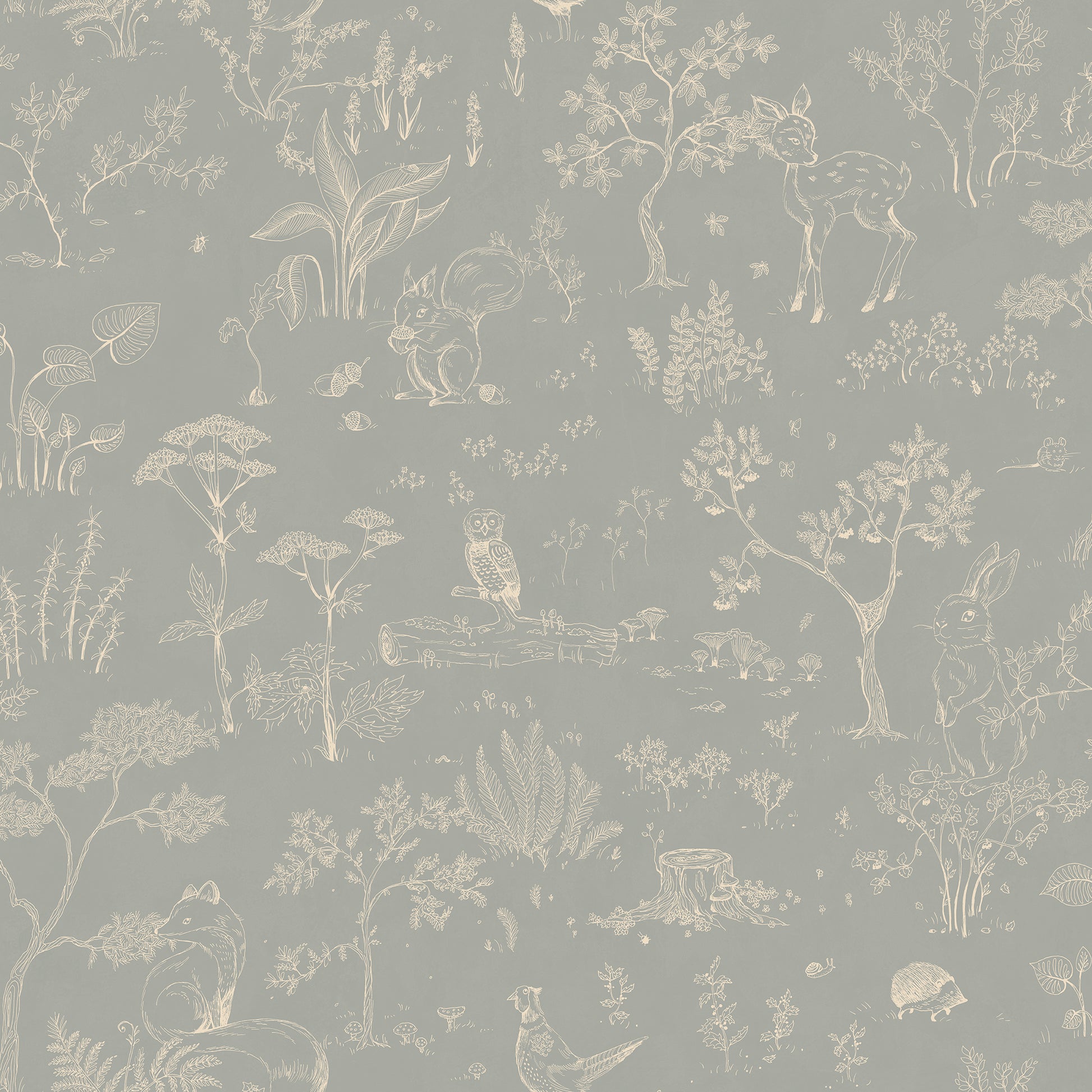 Discover the Hollie wallpaper, where a misty blue backdrop unfolds a fantasy forest teeming with whimsical animals and delicate botanical details.