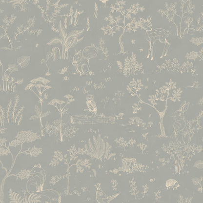 Discover the Hollie wallpaper, where a misty blue backdrop unfolds a fantasy forest teeming with whimsical animals and delicate botanical details.
