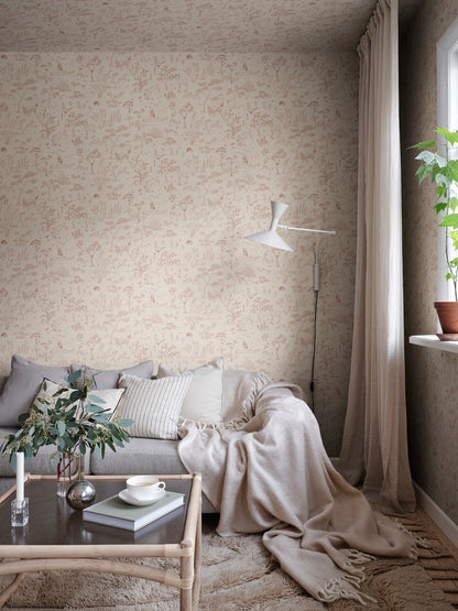 Enter a fantasy forest with the charming Hollie wallpaper. Featuring delightful animals like deer, squirrels, and rabbits, this intricate design captures a serene woodland in terracotta