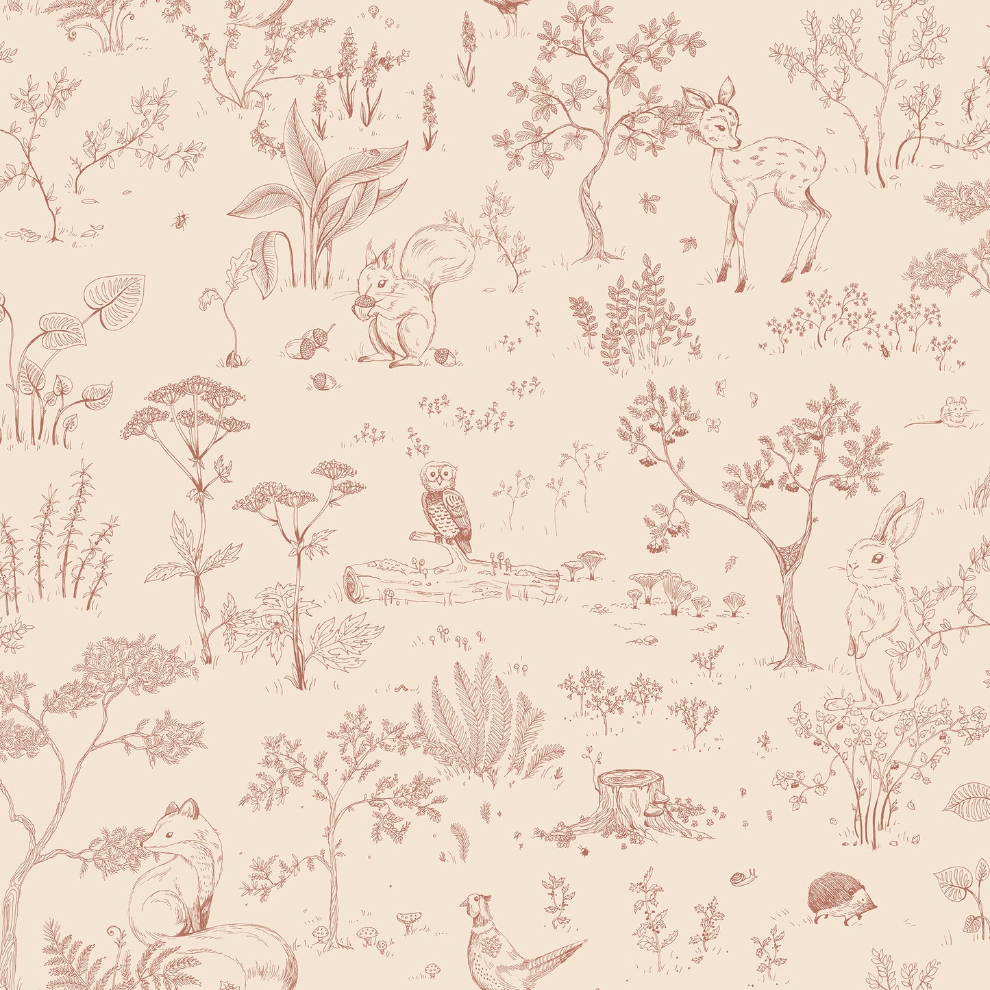 Enter a fantasy forest with the charming Hollie wallpaper. Featuring delightful animals like deer, squirrels, and rabbits, this intricate design captures a serene woodland in terracotta
