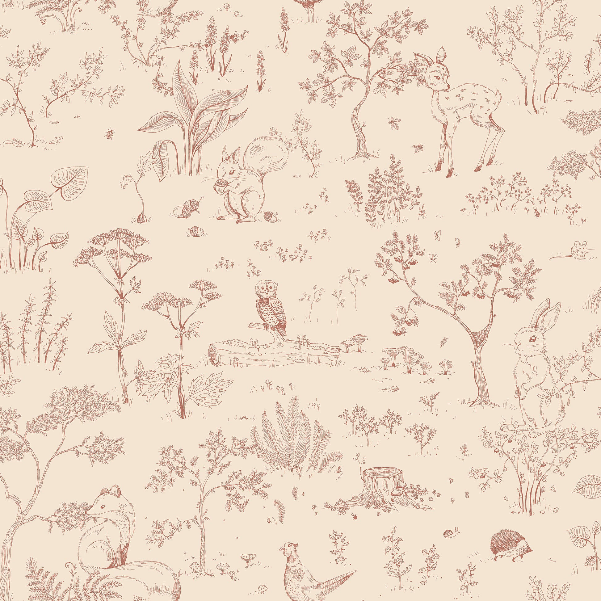 Enter a fantasy forest with the charming Hollie wallpaper. Featuring delightful animals like deer, squirrels, and rabbits, this intricate design captures a serene woodland in terracotta