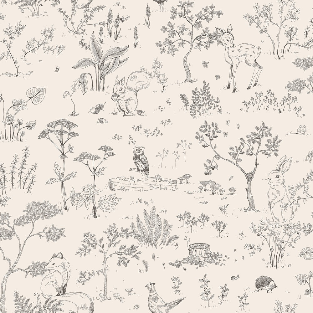  Hollie Graphite wallpaper captures a whimsical forest scene with delicate sketches of flora and fauna. 