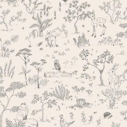  Hollie Graphite wallpaper captures a whimsical forest scene with delicate sketches of flora and fauna. 