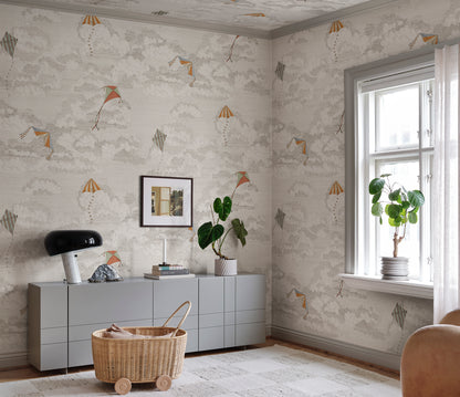 Bonnie and Kites wallpaper captures the playful whimsy of kites soaring across a hand-drawn sky.