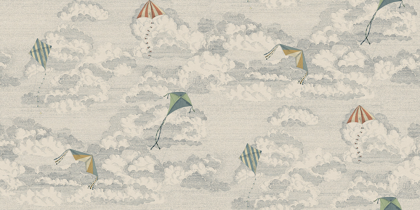 This whimsical wallpaper captures the nostalgia of flying kites against a dreamy sky filled with fluffy clouds.