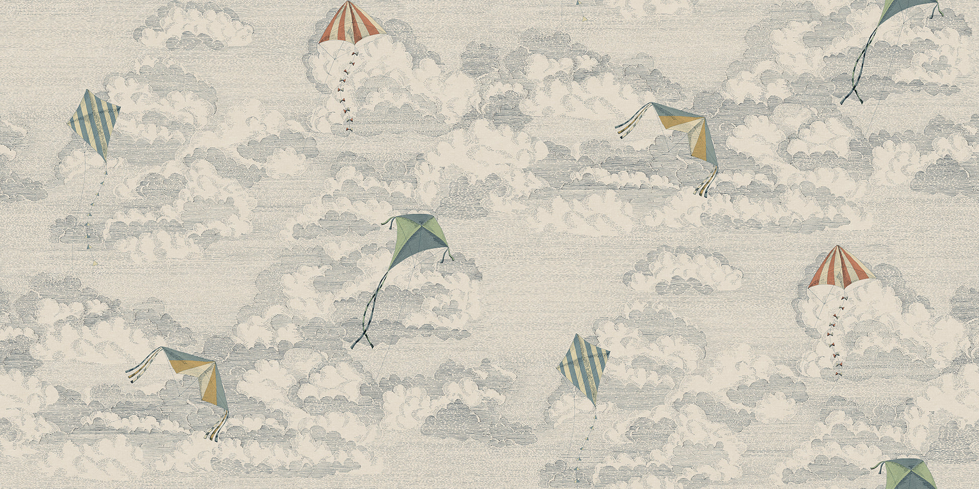 This whimsical wallpaper captures the nostalgia of flying kites against a dreamy sky filled with fluffy clouds.