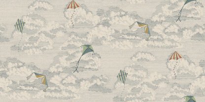 This whimsical wallpaper captures the nostalgia of flying kites against a dreamy sky filled with fluffy clouds.