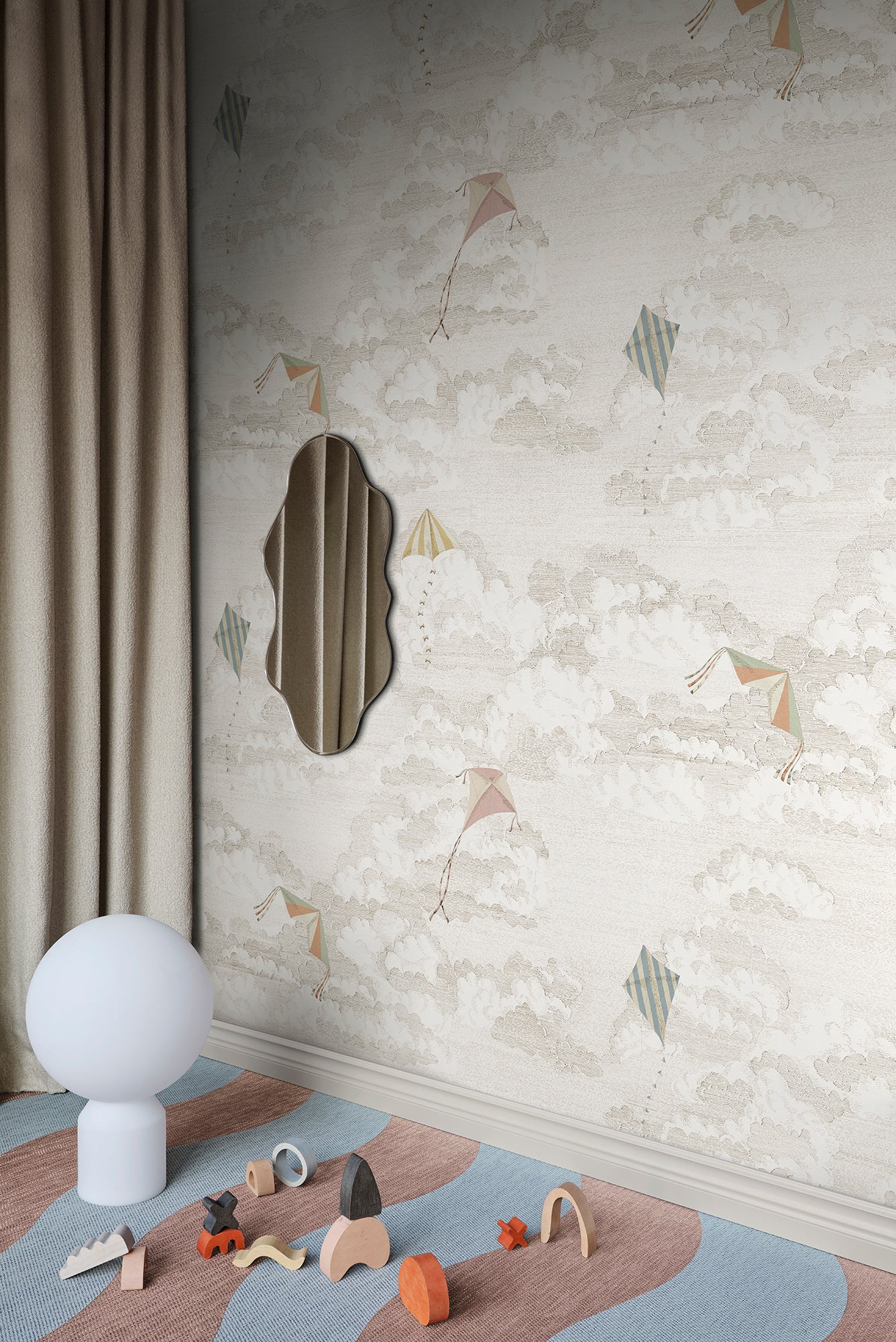 Bring a playful breeze to your walls with Bonnie and Kites. This hand-drawn design features colorful kites dancing across a sky filled with fluffy clouds, creating a whimsical atmosphere.