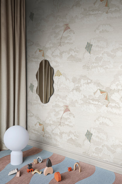 Bring a playful breeze to your walls with Bonnie and Kites. This hand-drawn design features colorful kites dancing across a sky filled with fluffy clouds, creating a whimsical atmosphere.