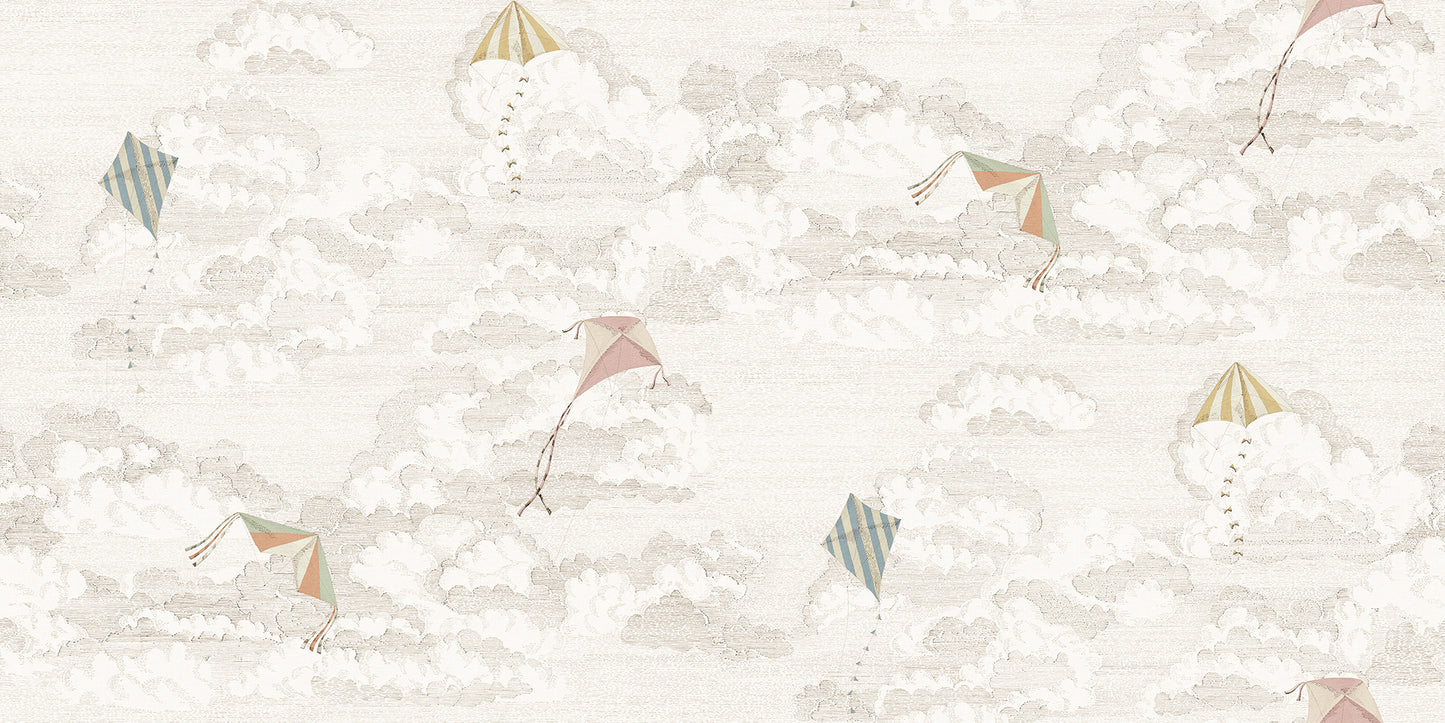 Bring a playful breeze to your walls with Bonnie and Kites. This hand-drawn design features colorful kites dancing across a sky filled with fluffy clouds, creating a whimsical atmosphere.