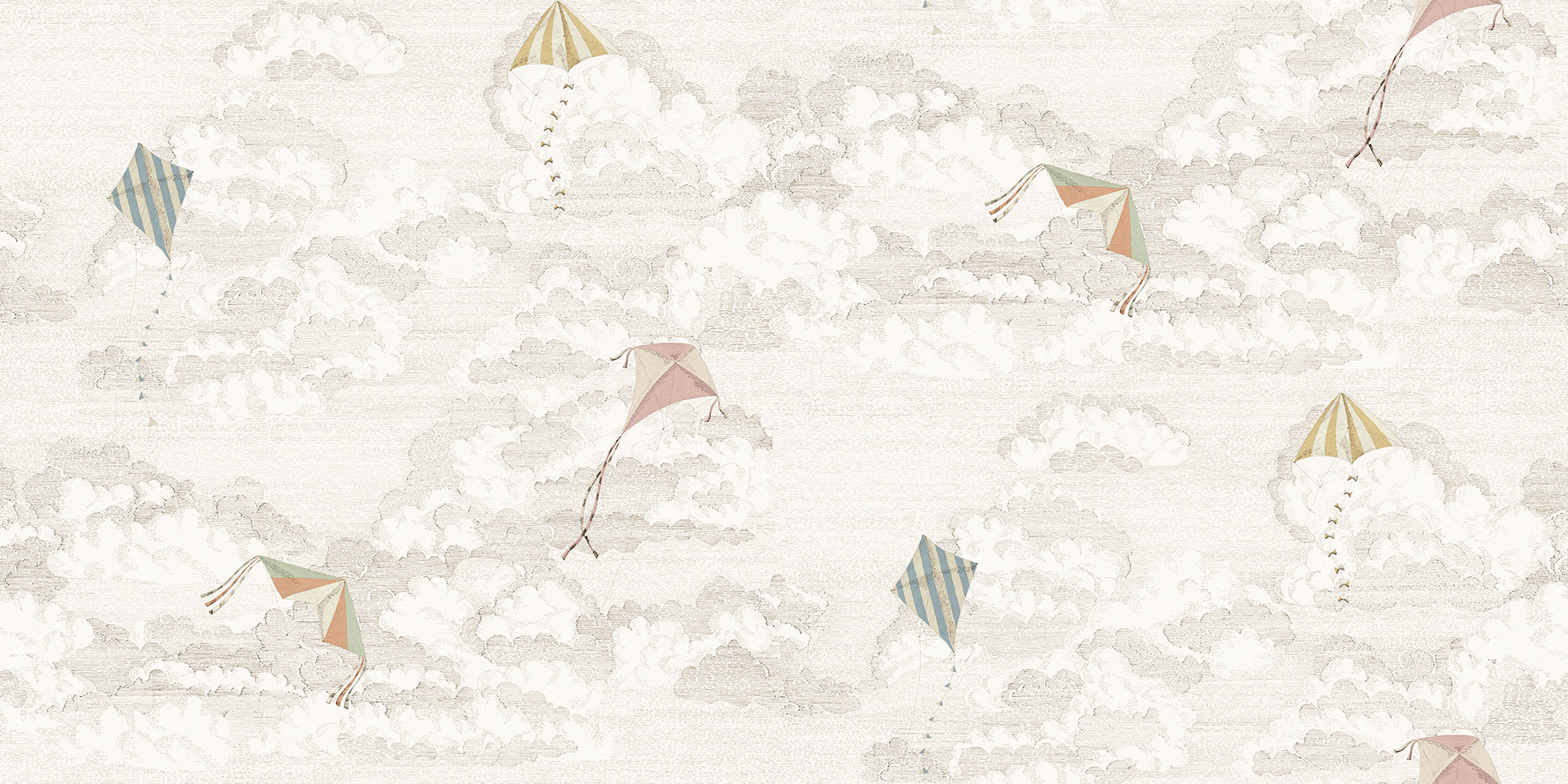 Bring a playful breeze to your walls with Bonnie and Kites. This hand-drawn design features colorful kites dancing across a sky filled with fluffy clouds, creating a whimsical atmosphere.