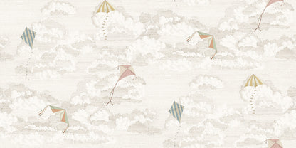 Bring a playful breeze to your walls with Bonnie and Kites. This hand-drawn design features colorful kites dancing across a sky filled with fluffy clouds, creating a whimsical atmosphere.