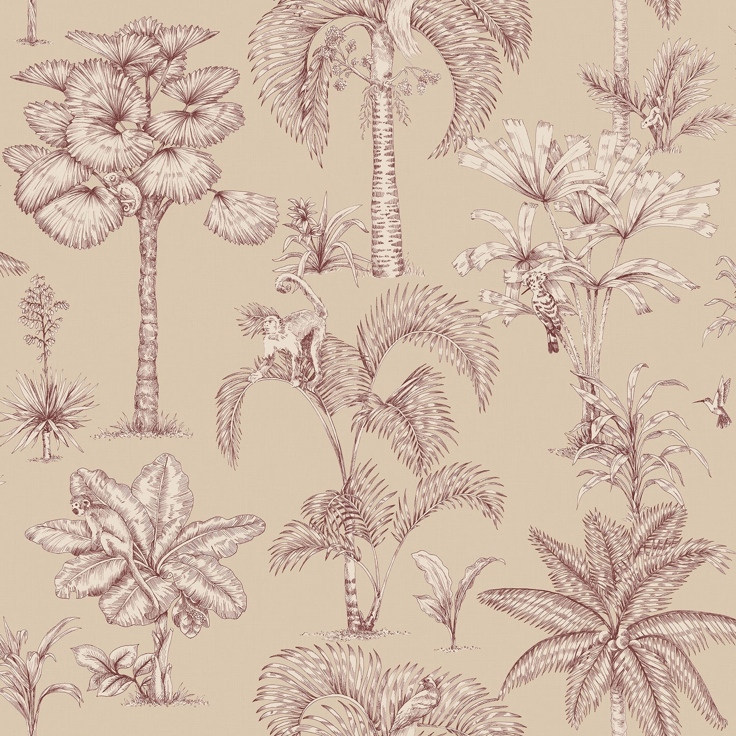 With the charm of a toile design, Adele Beige wallpaper invites intrigue with its intricately drawn jungle setting.