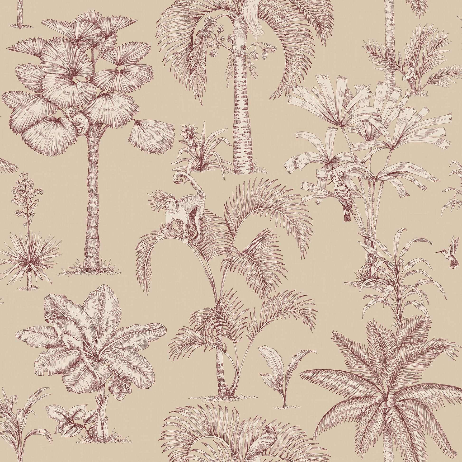 With the charm of a toile design, Adele Beige wallpaper invites intrigue with its intricately drawn jungle setting.