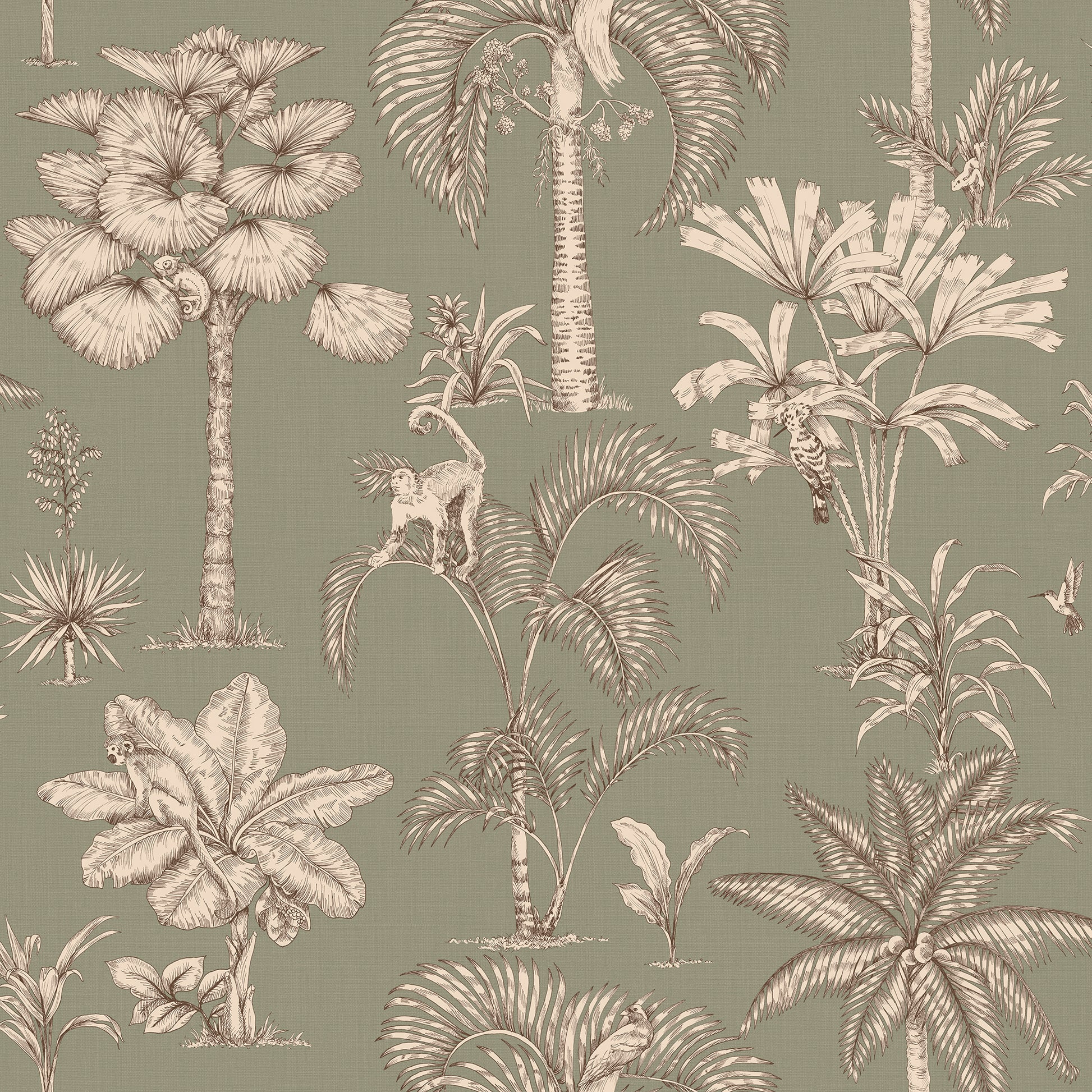  This intricate wallpaper design, set against a calming green backdrop, enchants both young and old with its toile-like elegance and hidden wonders from nature. 