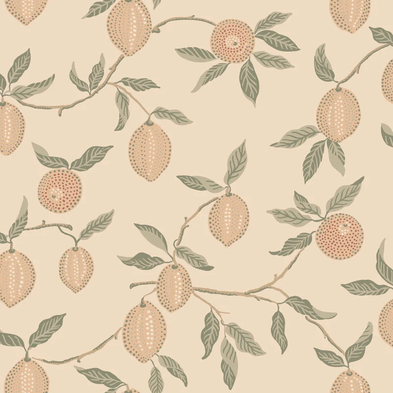 Infuse your space with the delightful essence of Italian lemon groves with our Limone Blush wallpaper. Elegant blush lemons and soft green leaves meander gracefully on a warm backdrop, evoking the sunny vibrance of a Mediterranean escape. Perfect for adding a splash of nature's freshness and charm to any room.