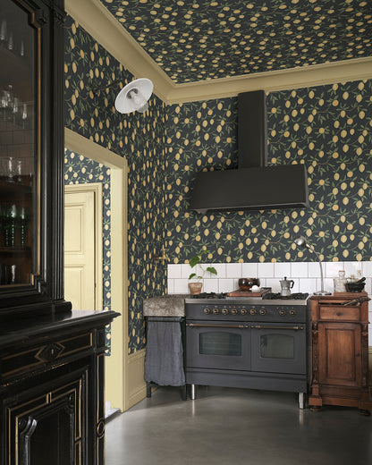 Embrace the essence of Mediterranean lemon groves with Limone in Charcoal. The vibrant lemon branches against a deep charcoal backdrop bring a fresh yet sophisticated touch to any space. This pattern is perfect for adding a slice of sunshine and a pop of color to your interiors.