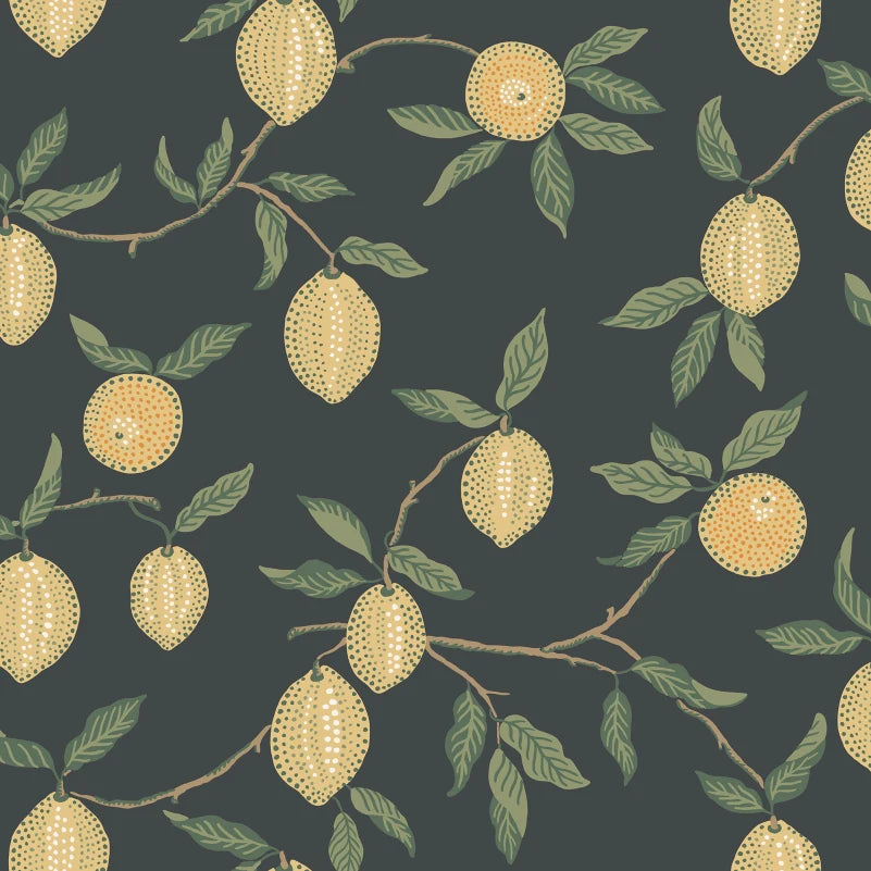 Embrace the essence of Mediterranean lemon groves with Limone in Charcoal. The vibrant lemon branches against a deep charcoal backdrop bring a fresh yet sophisticated touch to any space. This pattern is perfect for adding a slice of sunshine and a pop of color to your interiors.