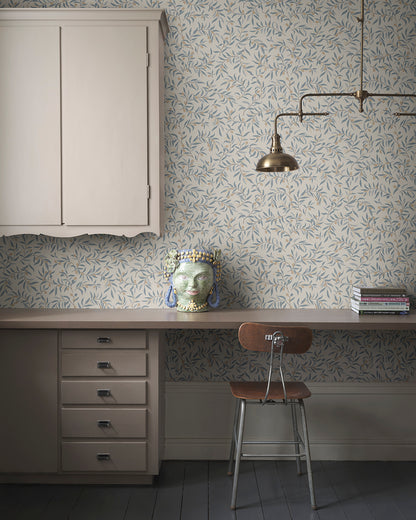  Immerse your space in serenity with Olivia's delicate olive branches in soft light blue hues. This pattern brings a Mediterranean feel, offering a breezy, elegant touch to any room. 