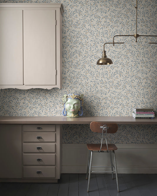  Immerse your space in serenity with Olivia's delicate olive branches in soft light blue hues. This pattern brings a Mediterranean feel, offering a breezy, elegant touch to any room. 