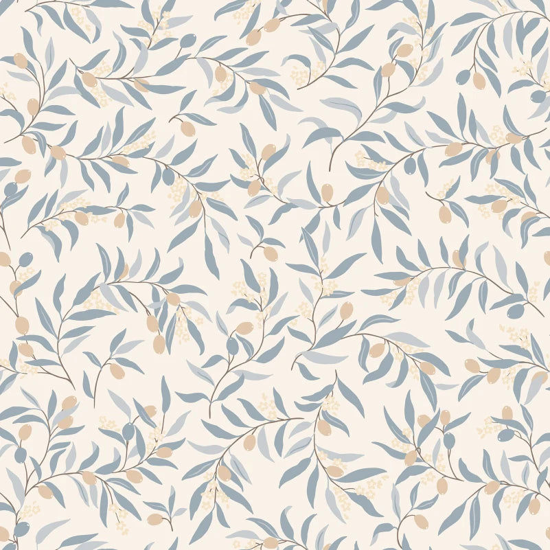  Immerse your space in serenity with Olivia's delicate olive branches in soft light blue hues. This pattern brings a Mediterranean feel, offering a breezy, elegant touch to any room. 