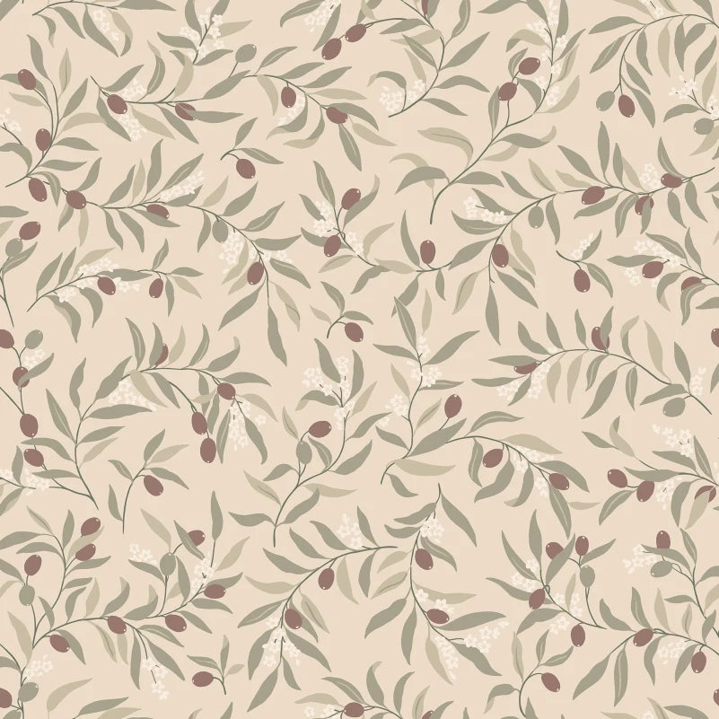 Winding olive branches with vibrant burgundy olives create an airy yet embracing character.