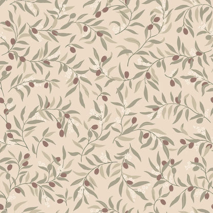 Winding olive branches with vibrant burgundy olives create an airy yet embracing character.