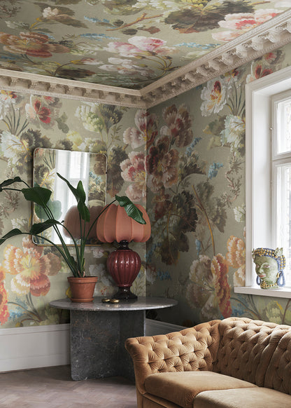 Ines is a beautiful floral cavalcade wallpaper mural in sage green, inspired by 19th-century paintings