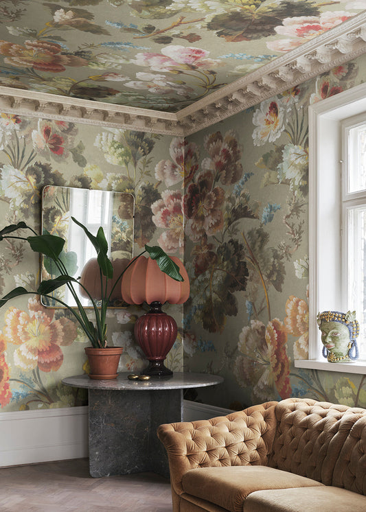 Ines is a beautiful floral cavalcade wallpaper mural in sage green, inspired by 19th-century paintings