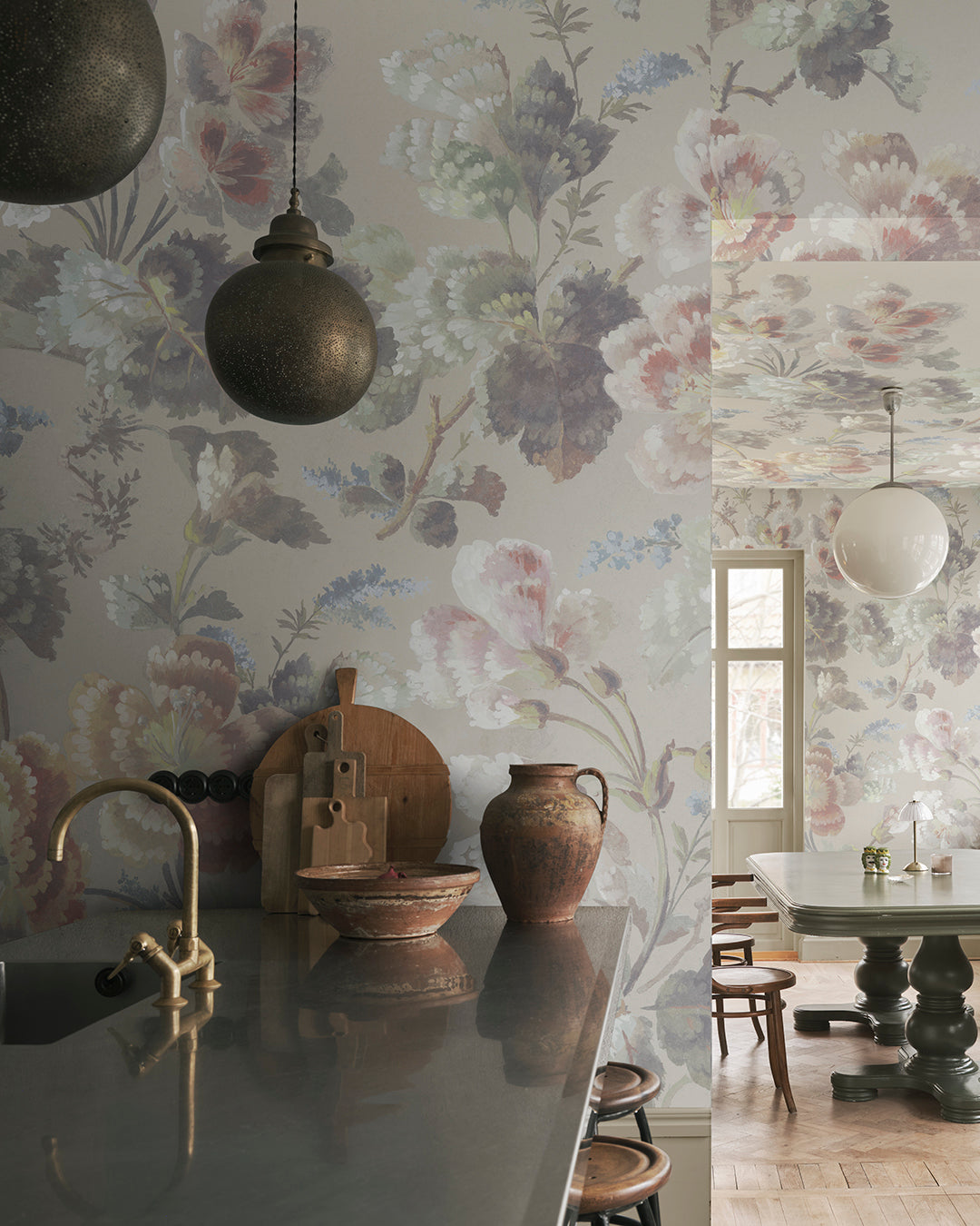Ines Beige wallpaper mural brings a beautiful floral cavalcade to your walls, echoing 19th-century artistry with a soft palette and painterly style. 