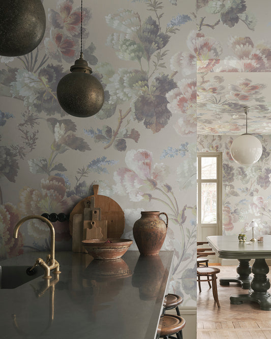 Ines Beige wallpaper mural brings a beautiful floral cavalcade to your walls, echoing 19th-century artistry with a soft palette and painterly style. 