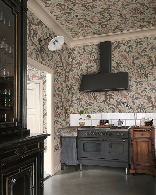 Immerse yourself in the elegance of Alexa Misty Blue. This wallpaper captures the charm of antique Southern European textiles with imaginative birds perched in a flourishing romantic tree. With its misty blue tones and detailed branches, it brings a soft, historical aesthetic to your space while whispering stories of a bygone era.