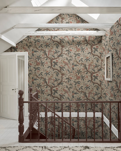 Immerse yourself in the elegance of Alexa Misty Blue. This wallpaper captures the charm of antique Southern European textiles with imaginative birds perched in a flourishing romantic tree. With its misty blue tones and detailed branches, it brings a soft, historical aesthetic to your space while whispering stories of a bygone era.