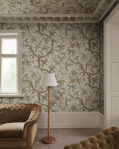Bring the charm of antique Southern European textiles into your space with this elegant wallpaper. Flourishing trees adorned with imaginative birds create a mesmerizing garden scene on your walls. The Alexa design combines historical inspiration with a lush green palette for a stunning, timeless look.