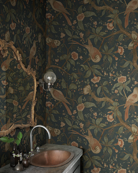 Inspired by an antique Southern European textile, the Alexa pattern blooms with imaginative birds amidst flourishing trees. This design envelops your space in historical charm and romance, all set against a soothing classic blue backdrop.