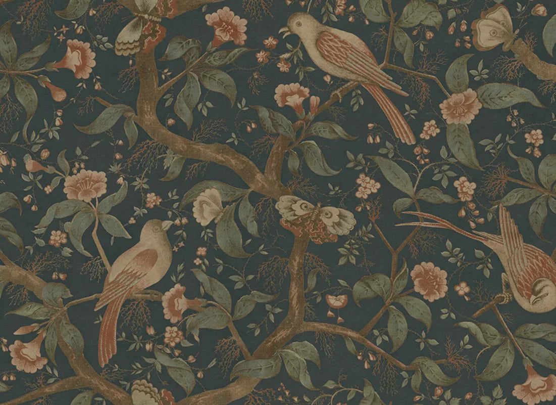 Inspired by an antique Southern European textile, the Alexa pattern blooms with imaginative birds amidst flourishing trees. This design envelops your space in historical charm and romance, all set against a soothing classic blue backdrop.
