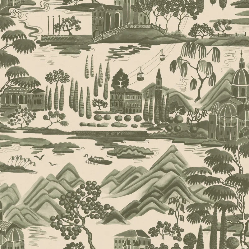 Lake Como Elegance
Experience the serene charm of Lake Como with this forest green toile depicting scenic mountains, iconic architecture, and lush foliage.
