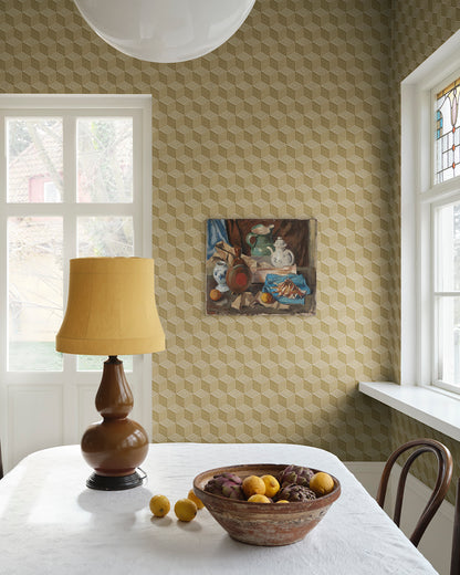 Chiara Honey offers a mesmerizing geometric pattern reminiscent of elegant silk with its honeyed hues. This luxurious wallpaper transforms any space into a sophisticated retreat, evoking the charm of Como's rich silk heritage and bringing a touch of timeless elegance to your walls.