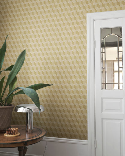 Chiara Honey offers a mesmerizing geometric pattern reminiscent of elegant silk with its honeyed hues. This luxurious wallpaper transforms any space into a sophisticated retreat, evoking the charm of Como's rich silk heritage and bringing a touch of timeless elegance to your walls.
