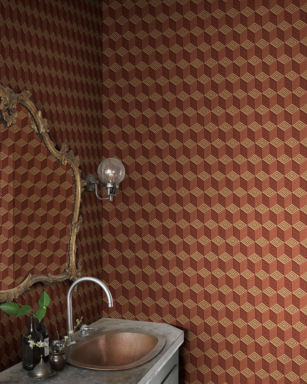 Chiara in terracotta captures the elegance of Como's renowned silk heritage with a striking geometric pattern. This design mimics an elegant scarf, infusing a touch of modern international flair and decorative warmth into any space. The vivid palette of rich terracotta hues brings an inviting vibrancy to your walls.