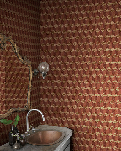 Chiara in terracotta captures the elegance of Como's renowned silk heritage with a striking geometric pattern. This design mimics an elegant scarf, infusing a touch of modern international flair and decorative warmth into any space. The vivid palette of rich terracotta hues brings an inviting vibrancy to your walls.