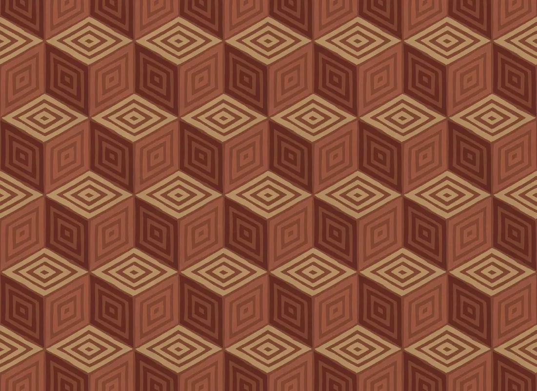 Chiara in terracotta captures the elegance of Como's renowned silk heritage with a striking geometric pattern. This design mimics an elegant scarf, infusing a touch of modern international flair and decorative warmth into any space. The vivid palette of rich terracotta hues brings an inviting vibrancy to your walls.