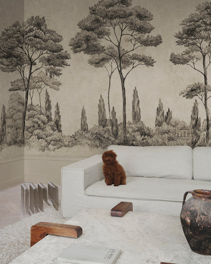 Discover the timeless charm of the Andrea mural in graphite. This hand-drawn mural transports you to Italian gardens with lush conifers and cypress trees. The historical style adds depth and sophistication, enriching your space with an elegant, etched look.