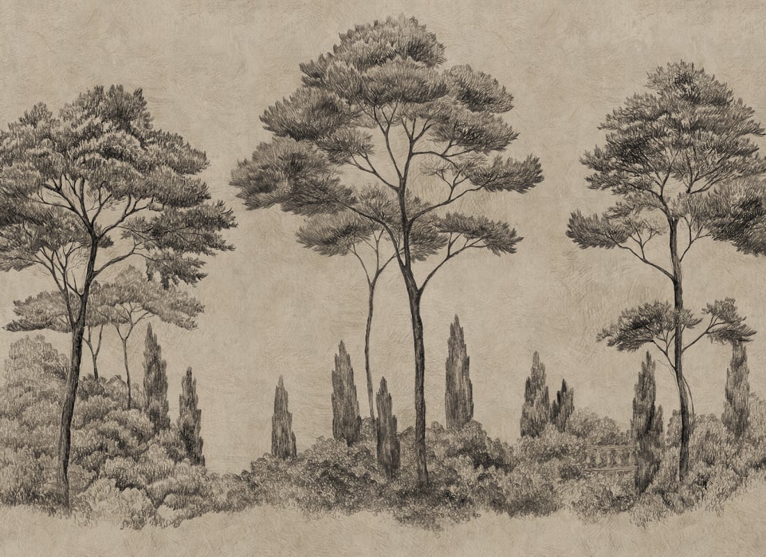 Discover the timeless charm of the Andrea mural in graphite. This hand-drawn mural transports you to Italian gardens with lush conifers and cypress trees. The historical style adds depth and sophistication, enriching your space with an elegant, etched look.