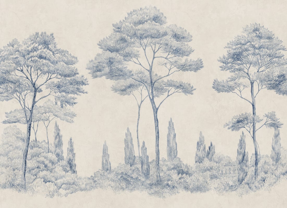 Enhance your space with the Andrea mural's classical charm. Featuring hand-drawn Italian gardens in serene blue, this piece infuses any room with historical and natural beauty. Tall conifers stand majestically, creating a sense of depth and timeless elegance that transforms your walls into a picturesque landscape.
Designed by Karolina Kroon