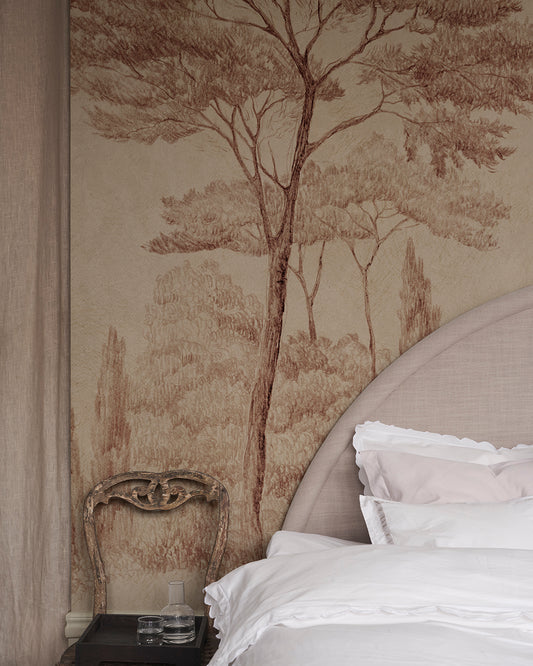 This hand-drawn mural captures the essence of Italian gardens with lush conifers and towering cypresses in terracotta. Its vintage etching style adds height and elegance to your space.