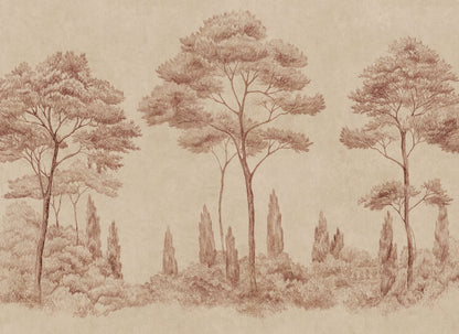 This hand-drawn mural captures the essence of Italian gardens with lush conifers and towering cypresses in terracotta. Its vintage etching style adds height and elegance to your space.