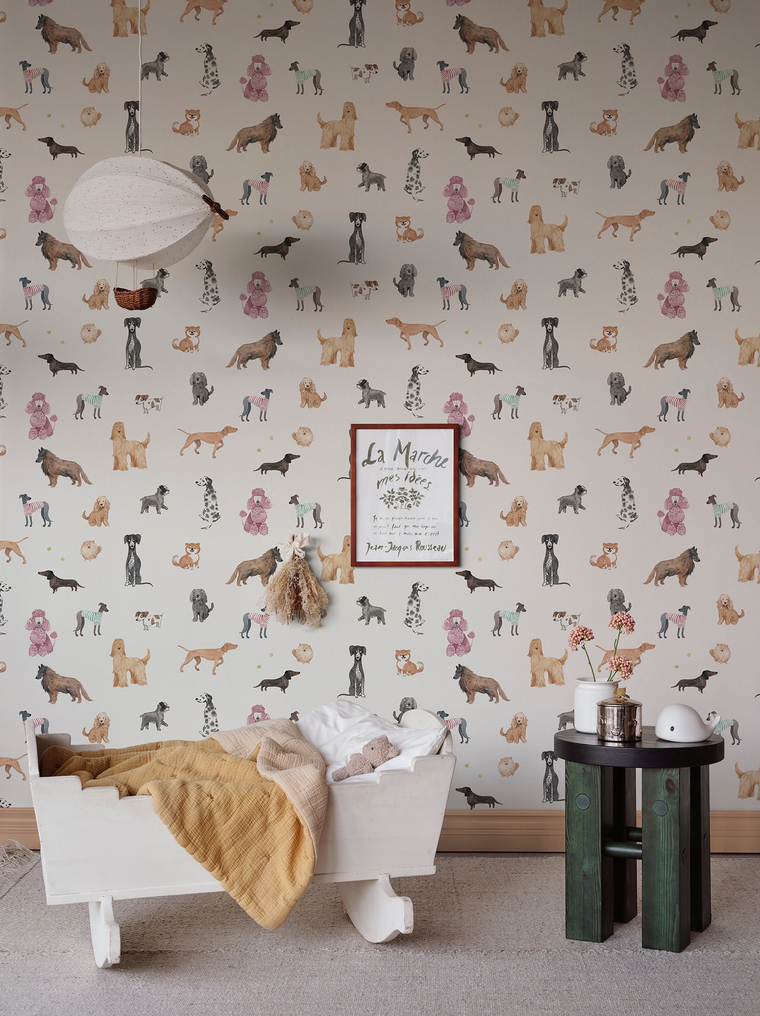 Dive into the world of friendly canines with our Taiga and Friends wallpaper. This playful design showcases a delightful array of hand-painted dogs, each with their unique charm and personality, set against a crisp white background. 